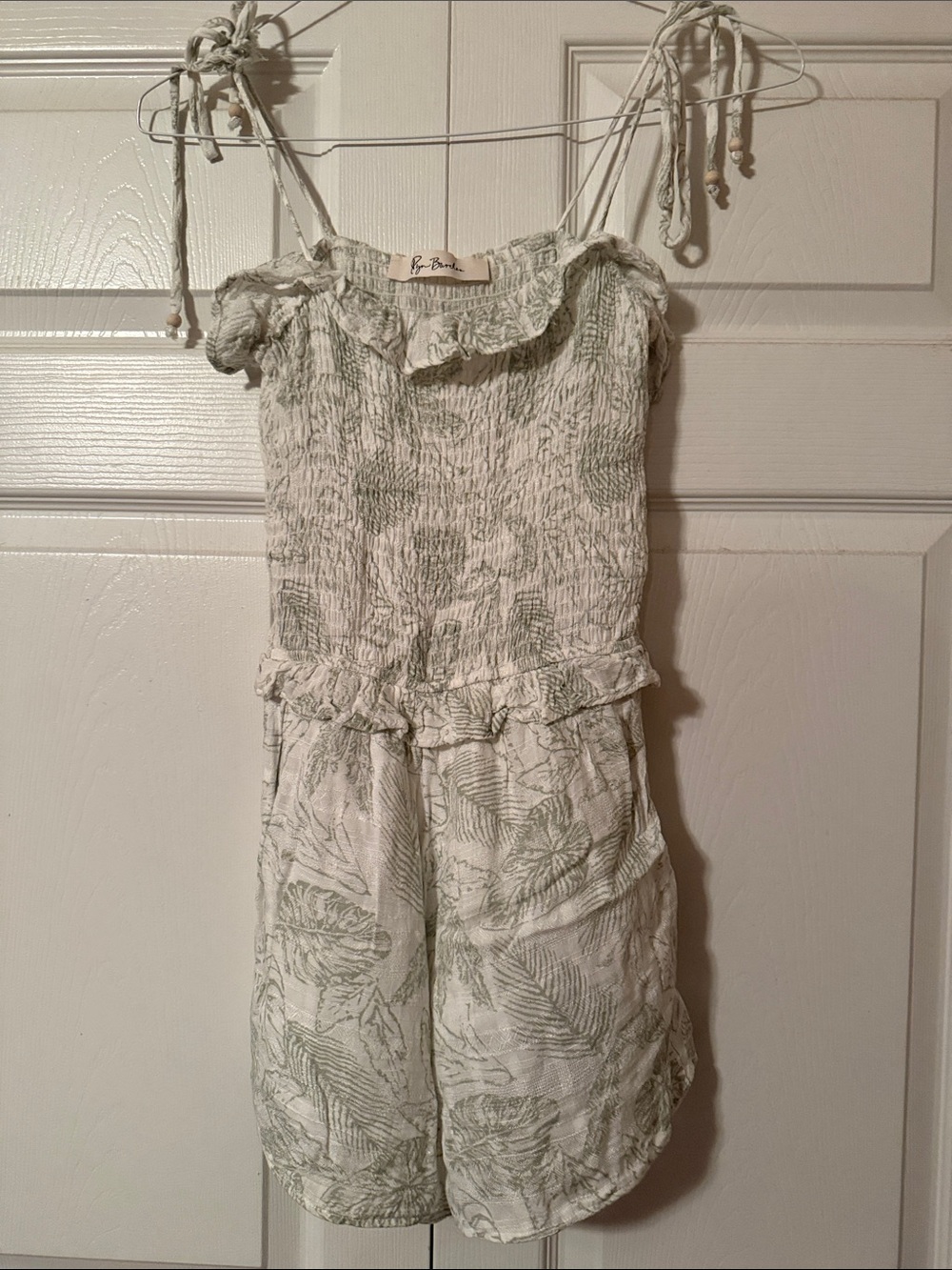 Ruffled Smocked Tank Romper in Light Green Leaf Print size S/M